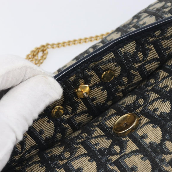Christian Dior Trotter Canvas Chain Shoulder Bag Navy Gold Auth 197779