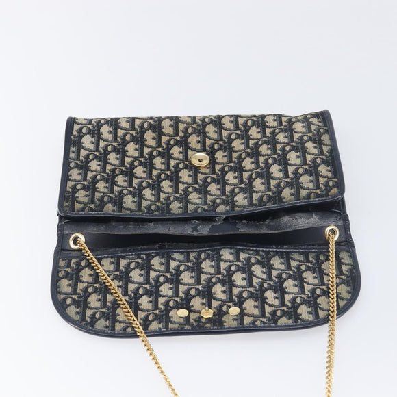 Christian Dior Trotter Canvas Chain Shoulder Bag Navy Gold Auth 197779