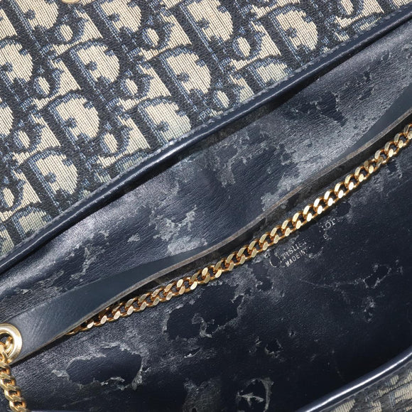 Christian Dior Trotter Canvas Chain Shoulder Bag Navy Gold Auth 197779