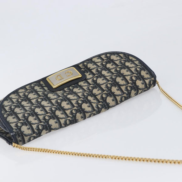 Christian Dior Trotter Canvas Chain Shoulder Bag Navy Gold Auth 197779