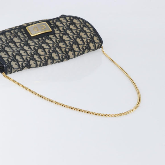 Christian Dior Trotter Canvas Chain Shoulder Bag Navy Gold Auth 197779