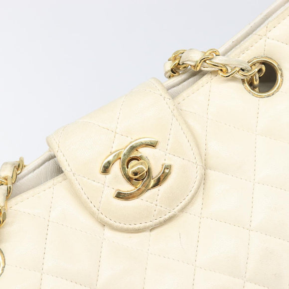 CHANEL Matelasse Chain Shoulder Bag Lamb Skin White Gold CC Auth 197780