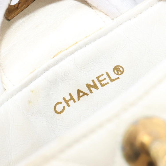 CHANEL Matelasse Chain Shoulder Bag Lamb Skin White Gold CC Auth 197780