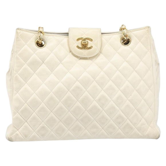 CHANEL Matelasse Chain Shoulder Bag Lamb Skin White Gold CC Auth 197780