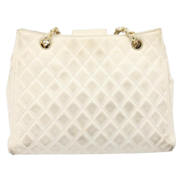 CHANEL Matelasse Chain Shoulder Bag Lamb Skin White Gold CC Auth 197780