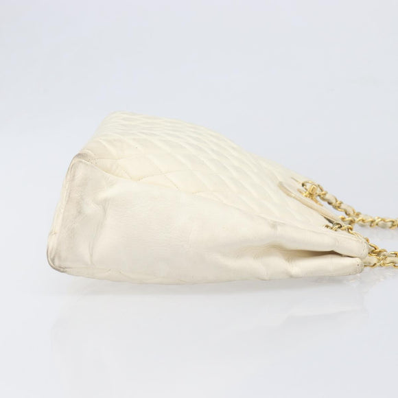 CHANEL Matelasse Chain Shoulder Bag Lamb Skin White Gold CC Auth 197780