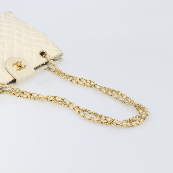 CHANEL Matelasse Chain Shoulder Bag Lamb Skin White Gold CC Auth 197780
