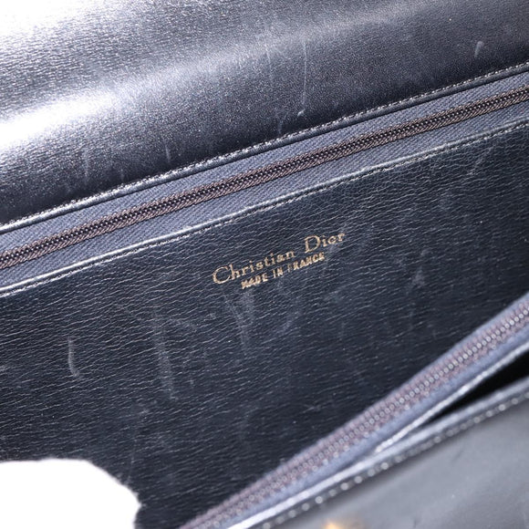 Christian Dior Hand Bag Leather Black Gold Auth 197791