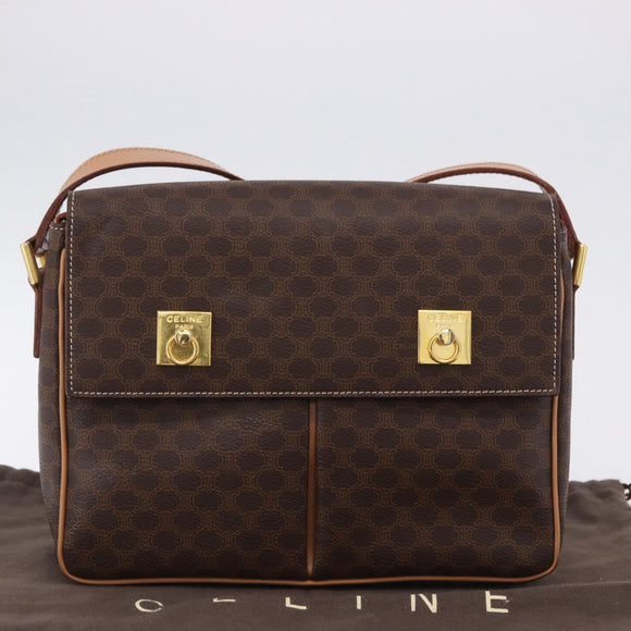 CELINE Macadam Canvas Shoulder Bag PVC Leather Brown Gold Auth 197808V