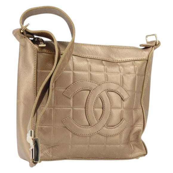CHANEL Choco Bar Hand Bag Lamb Skin Brown Gold CC Auth 197821