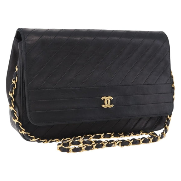 CHANEL Mademoiselle Chain Shoulder Bag Lamb Skin Black Gold CC Auth 197842