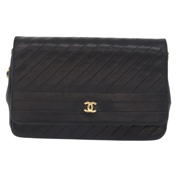 CHANEL Mademoiselle Chain Shoulder Bag Lamb Skin Black Gold CC Auth 197842