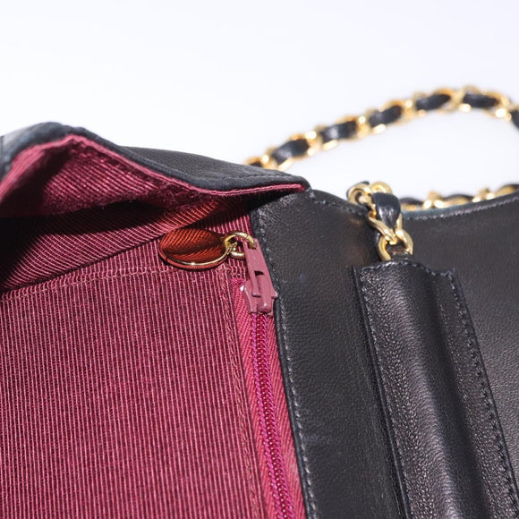 CHANEL Mademoiselle Chain Shoulder Bag Lamb Skin Black Gold CC Auth 197842