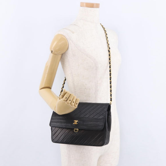 CHANEL Mademoiselle Chain Shoulder Bag Lamb Skin Black Gold CC Auth 197842