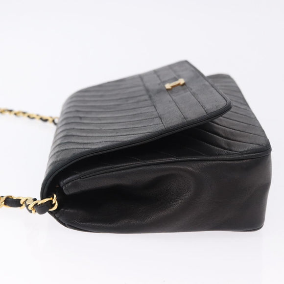 CHANEL Mademoiselle Chain Shoulder Bag Lamb Skin Black Gold CC Auth 197842