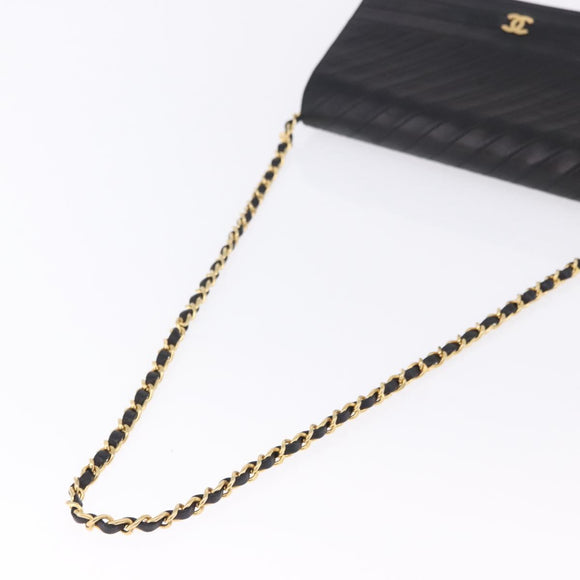 CHANEL Mademoiselle Chain Shoulder Bag Lamb Skin Black Gold CC Auth 197842