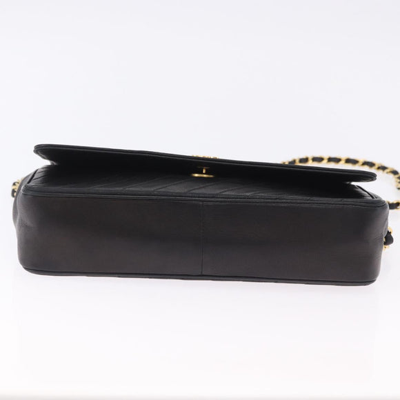 CHANEL Mademoiselle Chain Shoulder Bag Lamb Skin Black Gold CC Auth 197842