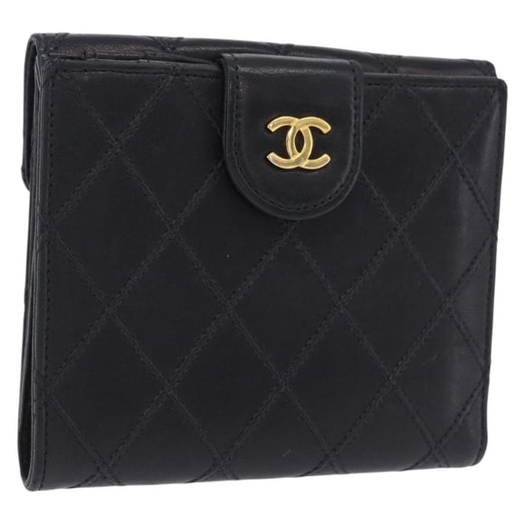 CHANEL Bicolore Bifold Wallet Lamb Skin Black Gold CC Auth 197854V