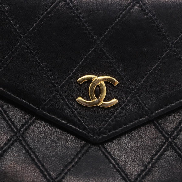 CHANEL Bicolore Bifold Wallet Lamb Skin Black Gold CC Auth 197854V