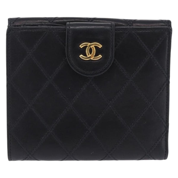 CHANEL Bicolore Bifold Wallet Lamb Skin Black Gold CC Auth 197854V