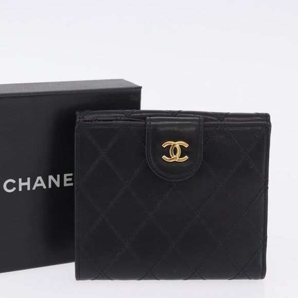 CHANEL Bicolore Bifold Wallet Lamb Skin Black Gold CC Auth 197854V