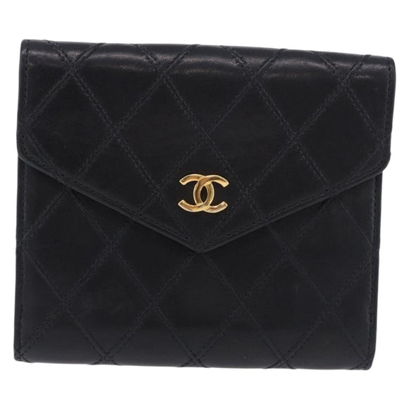 CHANEL Bicolore Bifold Wallet Lamb Skin Black Gold CC Auth 197854V