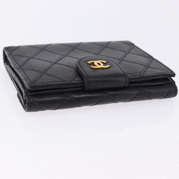 CHANEL Bicolore Bifold Wallet Lamb Skin Black Gold CC Auth 197854V