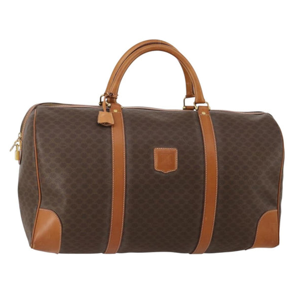 CELINE Macadam Canvas Boston Bag PVC Leather Brown Gold Auth 197871