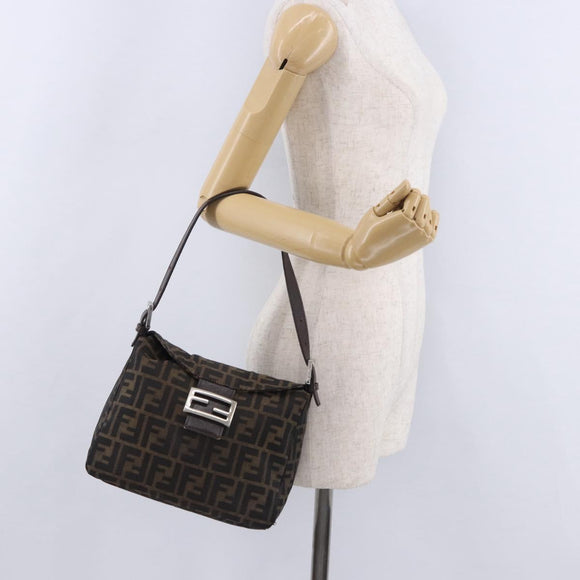 FENDI Zucca Canvas Mamma Baguette Shoulder Bag Black Brown Auth 197893A