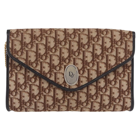 Christian Dior Trotter Canvas Chain Shoulder Bag Beige Gold Auth 197895A