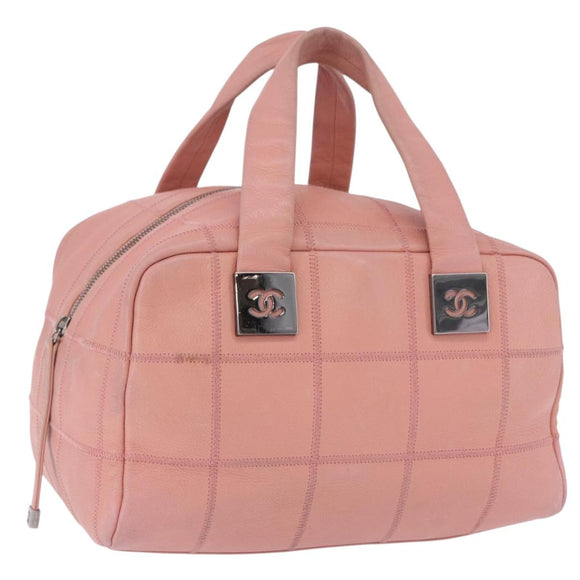 CHANEL Choco Bar Line Mini Boston Bag Leather Pink Silver CC Auth 197897A