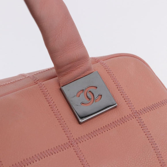 CHANEL Choco Bar Line Mini Boston Bag Leather Pink Silver CC Auth 197897A