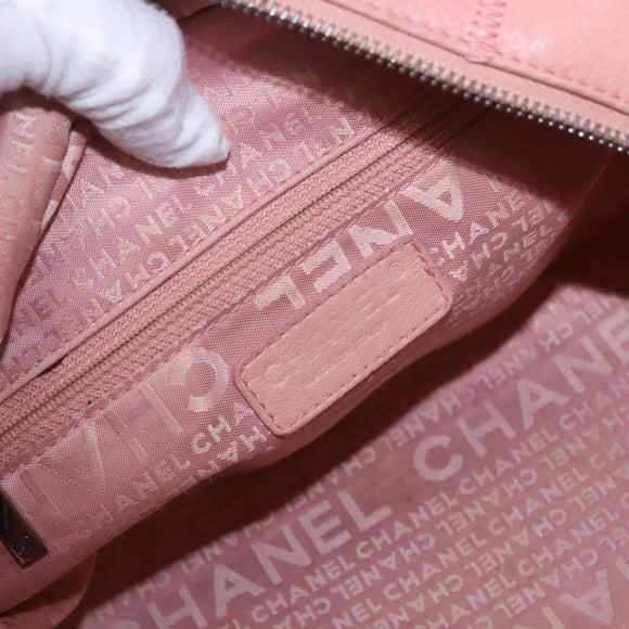 CHANEL Choco Bar Line Mini Boston Bag Leather Pink Silver CC Auth 197897A
