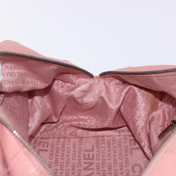 CHANEL Choco Bar Line Mini Boston Bag Leather Pink Silver CC Auth 197897A