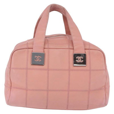 CHANEL Choco Bar Line Mini Boston Bag Leather Pink Silver CC Auth 197897A - 0