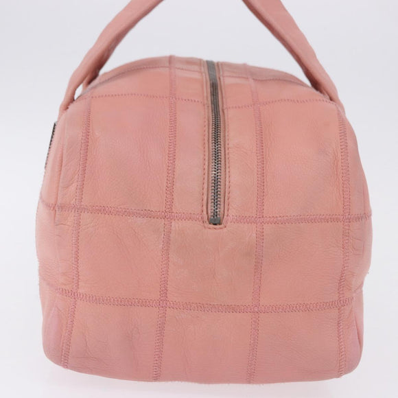 CHANEL Choco Bar Line Mini Boston Bag Leather Pink Silver CC Auth 197897A