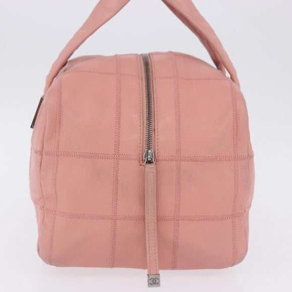 CHANEL Choco Bar Line Mini Boston Bag Leather Pink Silver CC Auth 197897A