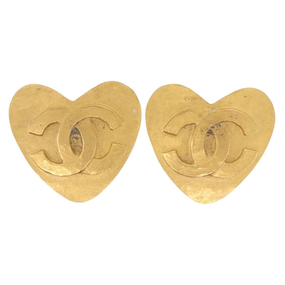 CHANEL Heart Earring Metal Gold Tone CC Auth 197921M