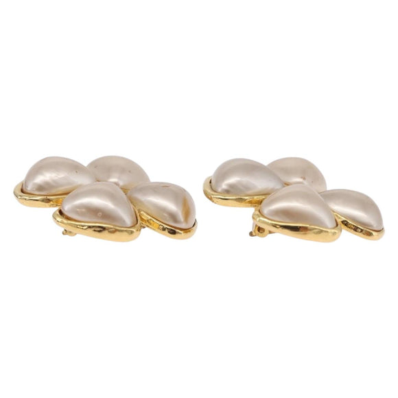 CHANEL Pearl Earring Metal Gold Tone CC Auth 197929