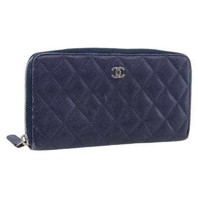CHANEL Matelasse Long Wallet Caviar Skin Navy Silver CC Auth 197938