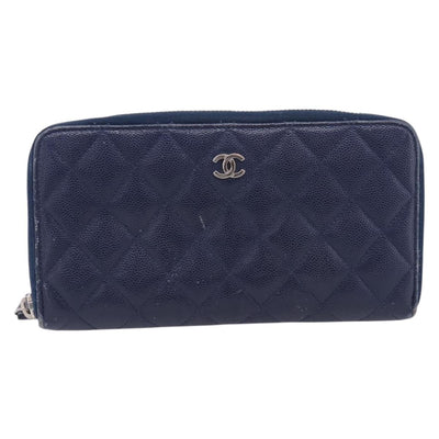 CHANEL Matelasse Long Wallet Caviar Skin Navy Silver CC Auth 197938 - 0