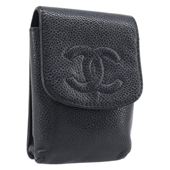 CHANEL Cigarette Case Caviar Skin Black Gold CC Auth 197948