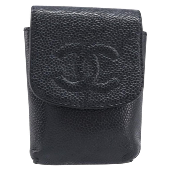 CHANEL Cigarette Case Caviar Skin Black Gold CC Auth 197948