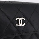 CHANEL Matelasse Card Case Lamb Skin Black Silver CC Auth 197949M-12