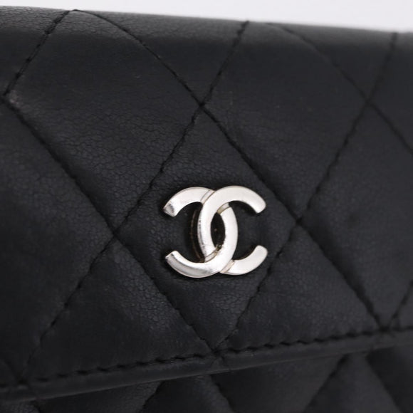 CHANEL Matelasse Card Case Lamb Skin Black Silver CC Auth 197949M