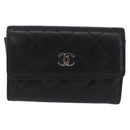 CHANEL Matelasse Card Case Lamb Skin Black Silver CC Auth 197949M-2