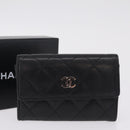 CHANEL Matelasse Card Case Lamb Skin Black Silver CC Auth 197949M-21
