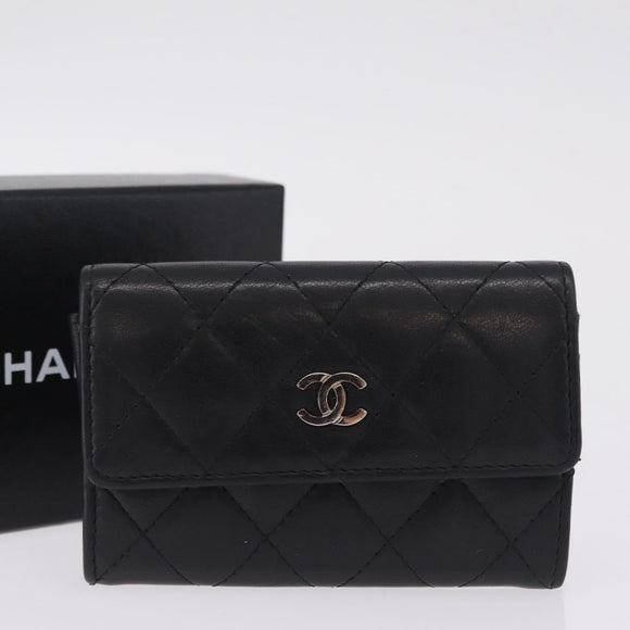 CHANEL Matelasse Card Case Lamb Skin Black Silver CC Auth 197949M