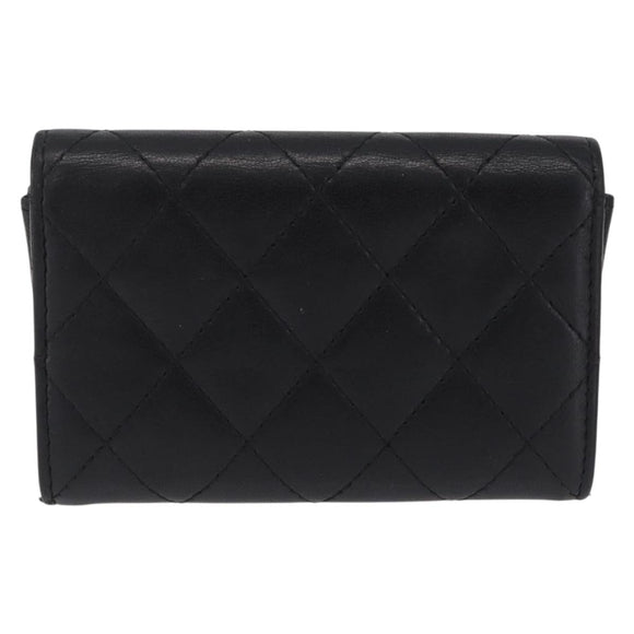 CHANEL Matelasse Card Case Lamb Skin Black Silver CC Auth 197949M