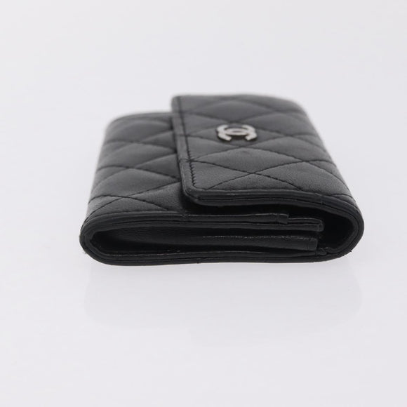 CHANEL Matelasse Card Case Lamb Skin Black Silver CC Auth 197949M